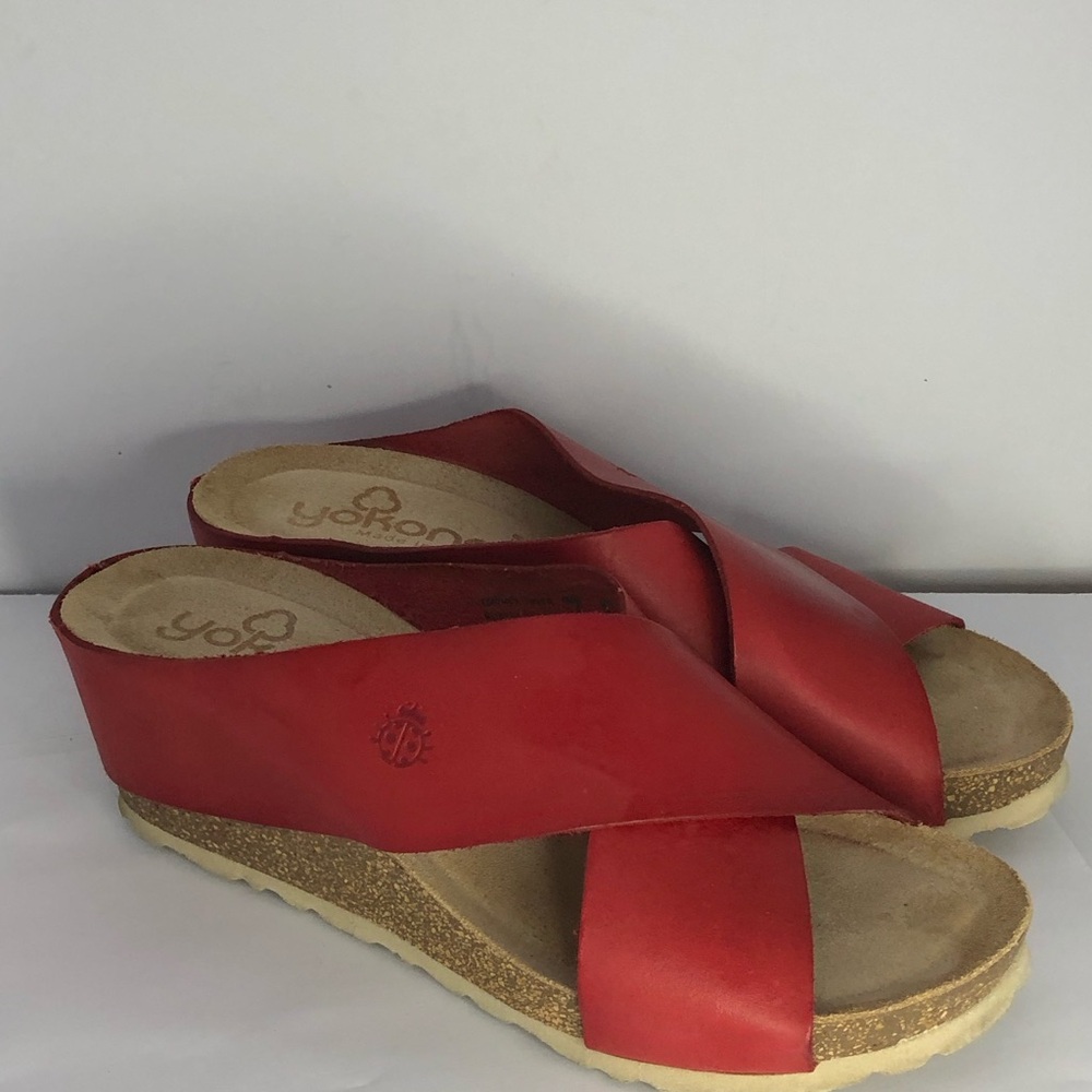 Yokono Candela Red Leather Strappy Cork Wedge Slip on Sandals women’s 7.5